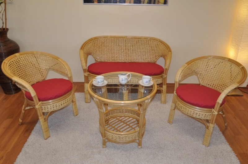 Ratanová sedací souprava KINA kulatý stolek, polstry vínový melír
